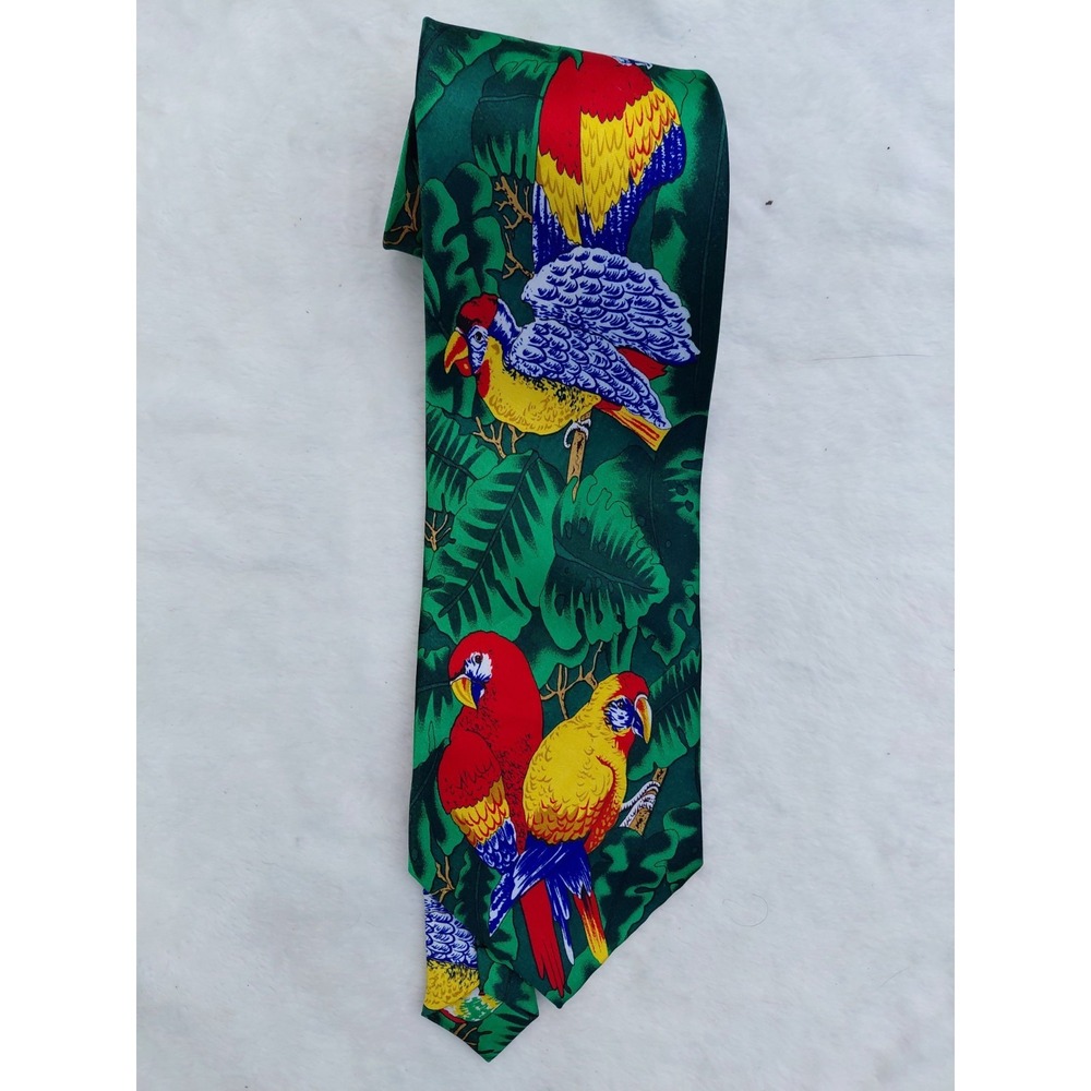 Roberto Cellini 'Parrots II' Neck Tie Mens Green Parrots Polyester Tropical Fun